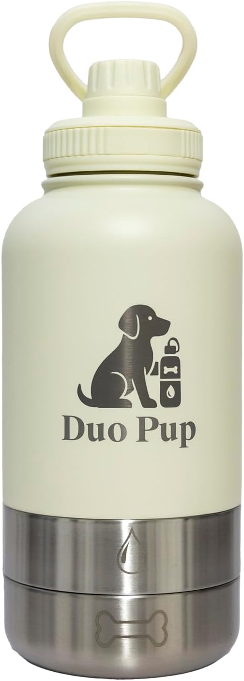 DuoPup 32oz Insulated Stainless Steel Pet Water & Food Bottle – Portable Leak-Resistant Dispenser with Two Detachable Bowls & Carrying Strap – Travel, Hiking & Outdoor Pet Hydration – White