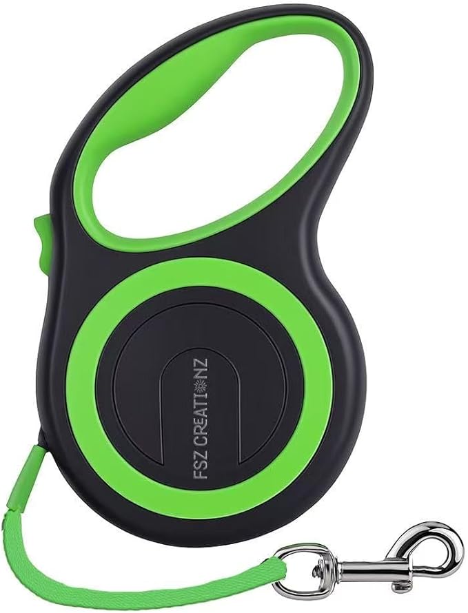 Retractable Dog Leash – 5M Strong Non Chew Nylon Lead with 360° Swivel Hook, One-Touch Lock, Ergonomic Anti-Slip Handle – Green on Black Neon Pet Leash