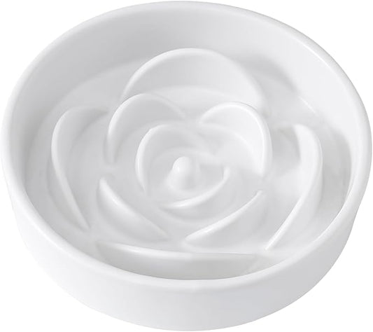 8.25'' Ceramic Slow Feeder Dog Bowls - Petal Shape Modern Dog Food Dish for Medium and Large Breeds, Puzzle Maze Bowl to Slow Down Eating, Anti-Gulping, Dishwasher & Microwave Safe, White