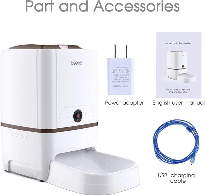 Iseebiz Automatic Pet Feeder with Camera, 6L App Control Smart Feeder Cat Dog Food Dispenser, 2-Way Audio, Voice Remind, Video Record, 6 Meals a Day for Medium Large Cats Dogs, Compatible with Alexa