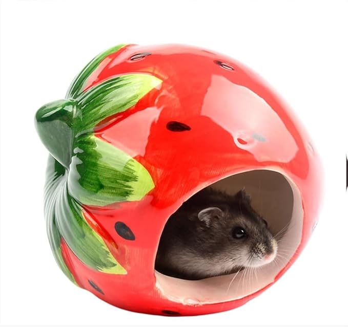 Cool Hamster House Hideout Suitable for Hamsters Less Than 4 inches 10 cm in Length Ceramics Strawberry Shape Bed Cute Small Animal Pet Squirrel Hedgehog Chinchilla Nest Hamster Cage Accessories