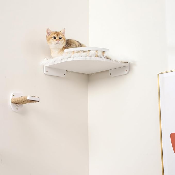 Cat Wall Shelves - 3 Steps Scratch Post & Hammock Bed, Corner Cat Furniture with Plush Covered Climbing Shelf for Indoor Cats (White)