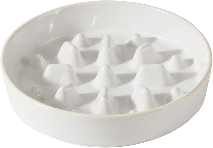 Ceramic 1.6 Cup Dog Bowl Slow Feeder for Fast Eaters, 8.2inch Slow Pet Food Dish for Medium and Large Dog, Stop Bloat, Preventing Choking(Single Bowl,Reactived Glaze -White)