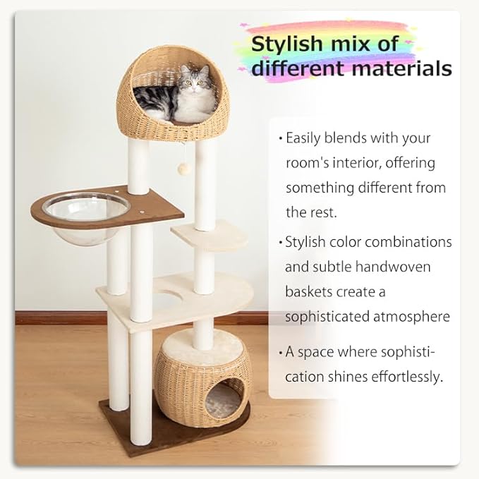 Wood Cat Tree for Large Cats, Modern Indoor Cat Tower with Basket Beds, Cat Condo & Clear Hammock, Multi-Level Wooden Cat Furniture for Home Living Room Decor (Particle Wood)