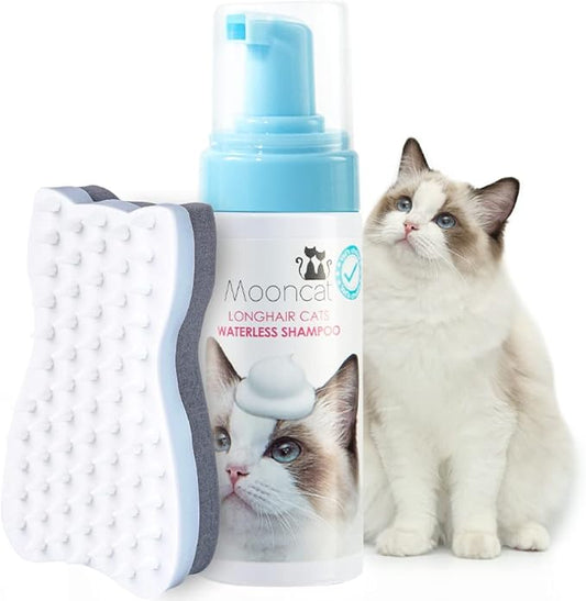 Mooncat Waterless Shampoo & Brush Kit for Longhair Cats | Complete Grooming System for Detangling, Deshedding & Matted Fur | Licking Safe No-Rinse Foam with Gentle Silicone Massager - Made in Taiwan