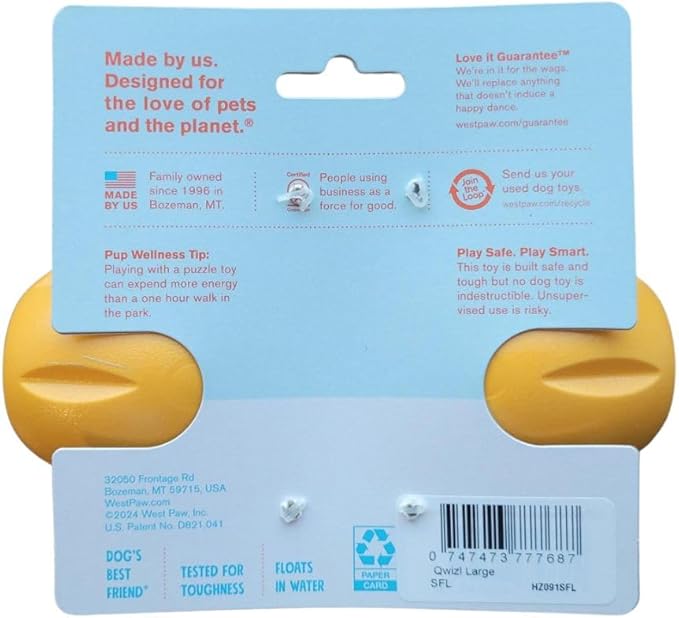 West Paw Qwizl Treat Dispensing Dog Toy for Tough Chewers- Durable Long Lasting Chew and Fetch Toy Keeps Dogs Engaged- Dishwasher Safe Safe Materials Made in USA - Sunflower Yellow, Large