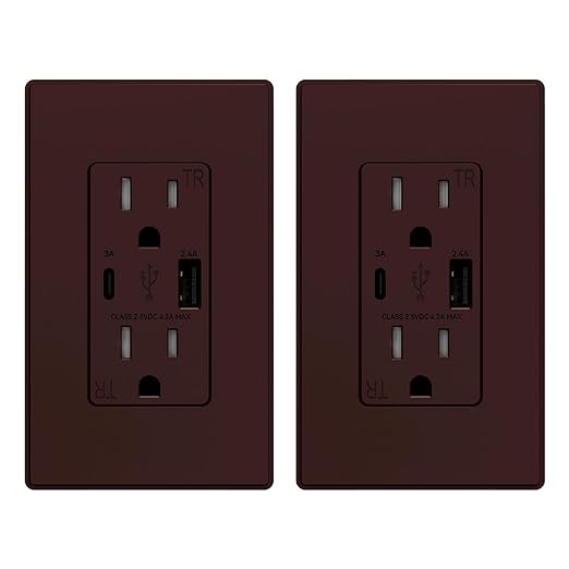 ELEGRP USB Charger Wall Outlet, USB A & C Ports, 15 Amp Duplex Tamper Resistant Receptacle Plug NEMA 5-15R, Wall Plate Included, UL Listed, 2 Pack, Matte Brown