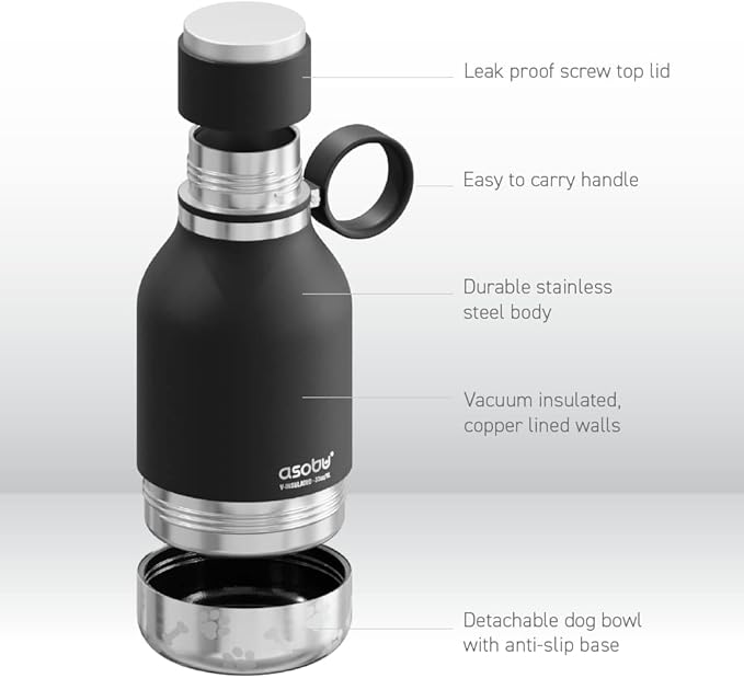 Asobu Buddy Bottle a Stainless Steel Insulated Water Bottle for with Removable Dog Water Bowl and Dog Food and Treat Storage Bowl (Black, 37 Oz Water Bottle with Bowl)