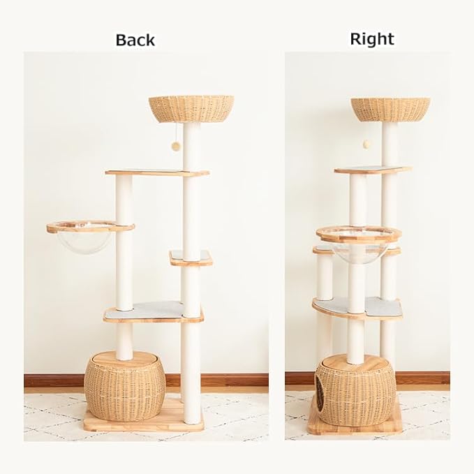 Wood Cat Tree for Large Cat, 63-Inch Tall Cat Tower with Scratching Post for Indoor Cats, Multi-Level Cat Condo with Hand-Woven Cat Bed and Acrylic Bowl Easy to Clean (White 81007s)