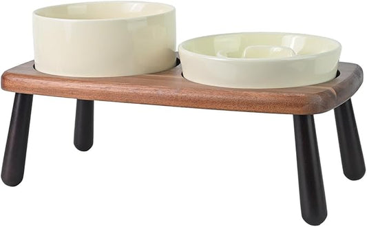 SPUNKYJUNKY Ceramic Elevated Dog Bowls with Slow Feeder Raised with Acacia Bamboo Wooden Stand, 6.1'' Dog and Cat Food Water Bowls Set Non-Slip for Small Medium Sized Breed - Beige