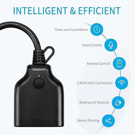 Smart Outdoor Plug, 15A 1800W Smart WiFi Heavy Duty Outdoor Outlet, No Hub Required for Outdoor Lights, Compatible with Alexa and Google Assistant, 1 Pack, Black