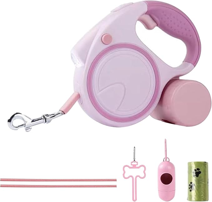 Best Dog Supplies | Pink Retractable Dog Leash with Light, Poop Bag Dispenser, Poop Bag Holder, 2 Elastic Ropes | Set of 4