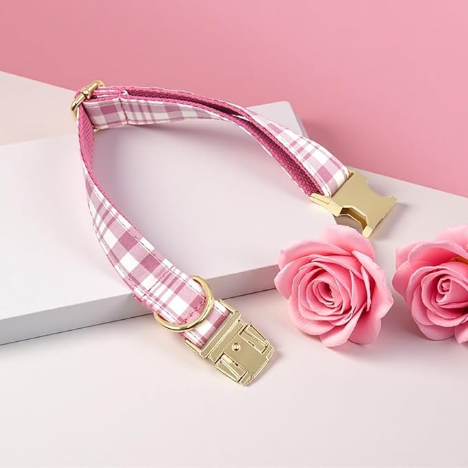PETDURO Personalized Dog Collar Pink Plaid for Large Medium Dogs | Engraved Name and Phone Number on Gold Metal Buckle for Girls | Add Leash & Bow Tie via Customize Now