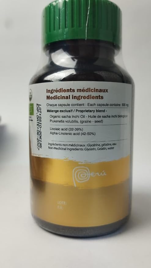 Amazon Andes Sacha Inchi Oil Capsules - Source of omegas 3, 6 and 9 - Healthier Source of Essential Fatty Acids - Vegan, Non-GMO, Allergen-free & Gluten Free - 100 Softgel Pills (500mg) - Made in Peru