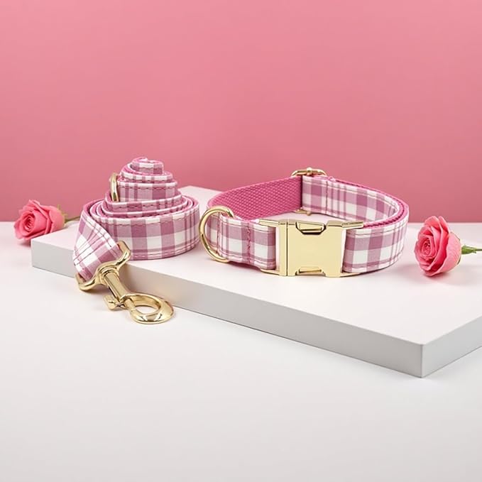 PETDURO Personalized Dog Collar Pink Plaid for Large Medium Dogs | Engraved Name and Phone Number on Gold Metal Buckle for Girls | Add Leash & Bow Tie via Customize Now