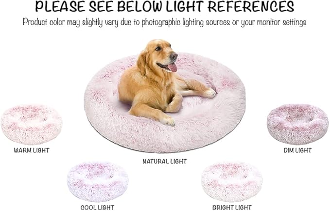 Friends Forever Donut Dog Bed Faux Fur Fluffy Calming Sofa For Small Dogs, Soft & Plush Anti Anxiety Pet Couch For Dogs, Machine Washable Coco Pet Bed with Non-Slip Bottom, 23"x23"x6" Pink