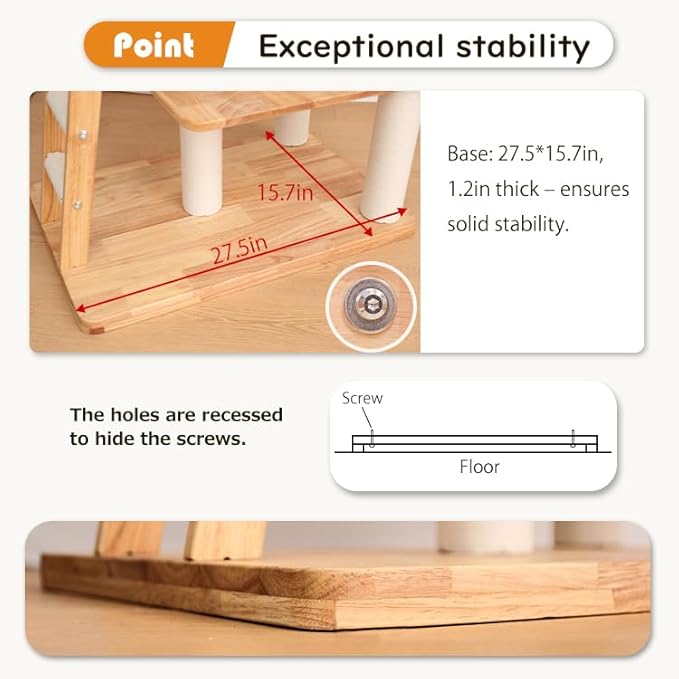 Modern Cat Tree for Large Cats, Solid Wood Cat Tower Heavy Duty with Scratch Post Stair Cat Condo Acrylic Bowl for Indoor Big Cats (Natural Wood SP160)