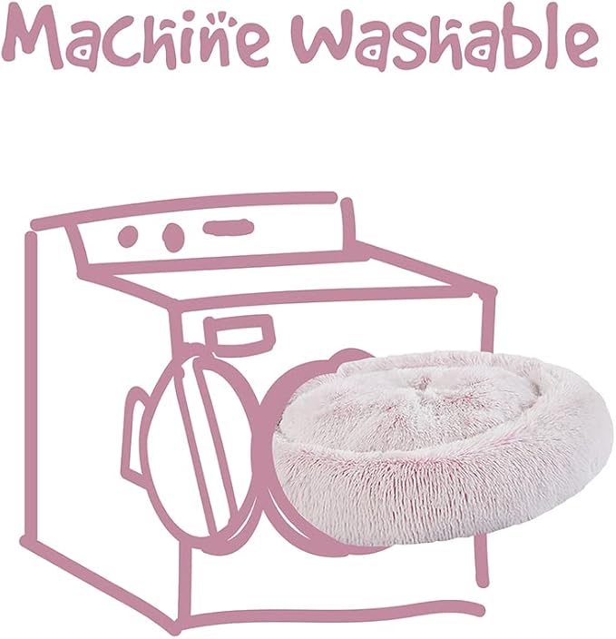 Friends Forever Donut Dog Bed Faux Fur Fluffy Calming Sofa For Small Dogs, Soft & Plush Anti Anxiety Pet Couch For Dogs, Machine Washable Coco Pet Bed with Non-Slip Bottom, 23"x23"x6" Pink
