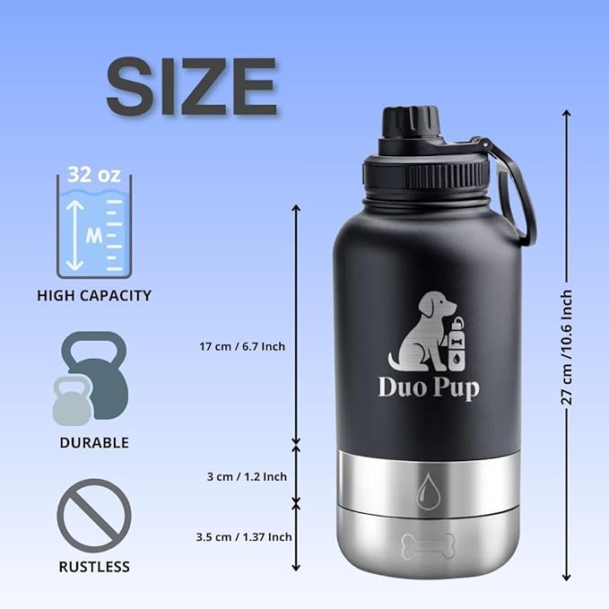 DuoPup 32oz Insulated Stainless Steel Pet Water & Food Bottle – Portable Leak-Resistant Dispenser with Two Detachable Bowls & Carrying Strap – Travel, Hiking & Outdoor Pet Hydration – Black