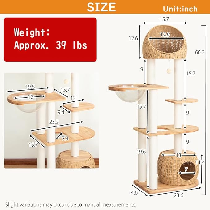 Wood Cat Tree for Large Cat, 60-Inch Tall Cat Tower with Scratching Post for Indoor Cats, Multi-Level Cat Condo with Hand-Woven Cat Bed and Acrylic Bowl Easy to Clean (Brown-81004S)