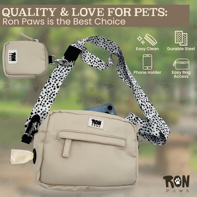 Dog Walking Crossbody with Treat Pouch & Tripod - Hands-Free Storage with Phone Holder, Poop Bag Dispenser, Hook for Used Poop Bags & Training Features (Beige)