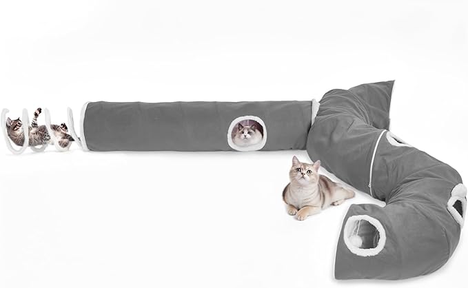 Ownpets 2-in-1 Cat Tunnel, Large Lollipop Shape Cat Tunnel Toy with Fluffy Balls, Spiral Toy, Plush Collapsible Cat Cave Hideout Donut Tunnel for Multi Kitten Puppy Rabbit (Grey)