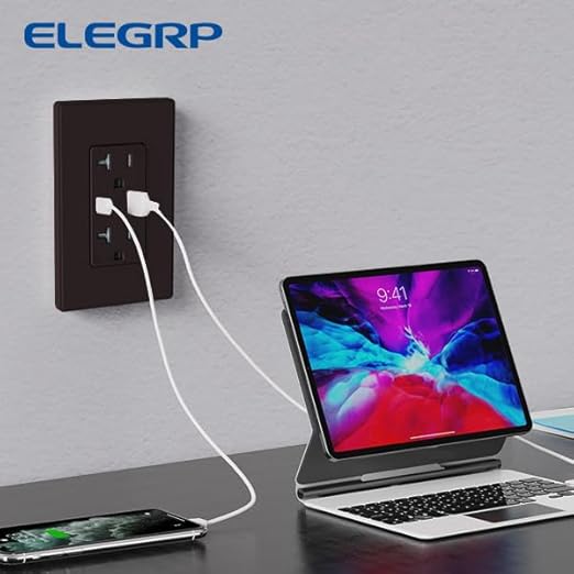 ELEGRP USB Charger Wall Outlet, USB Receptacle with USB A & USB C Ports, 15 Amp Duplex Tamper Resistant Receptacle Plug NEMA 5-15R, Wall Plate Included, UL Listed, 6 Pack, Matte Brown