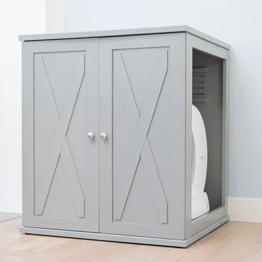 THE REFINED FELINE Refined Self-Cleaning Litter Box Cabinet, Wooden Cat Litter Box Enclosure for Automatic Litter Boxes, Smoke Gray, Farmhouse.