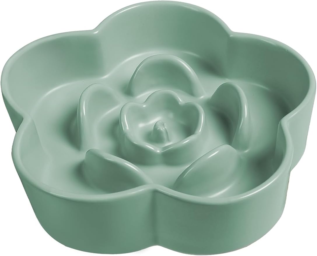 Ceramic Slow Feeder Dog/Cat Bowl, Anti-Choking Food Bowl, 8" 11.3oz for Medium, Large Breeds, Plum Puzzle Design, Non-Slip Silicone, Dishwasher and Microwave Safe, Green