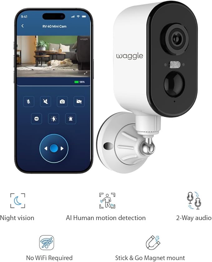 Waggle 4G LTE Cellular Security Camera Wireless Outdoor | No WiFi Needed | 2K HD, 9000mAh Battery, Night Vision, 2-Way Talk & Siren Alarm | Ideal for RVs/Camping/Travel - Subscription Required