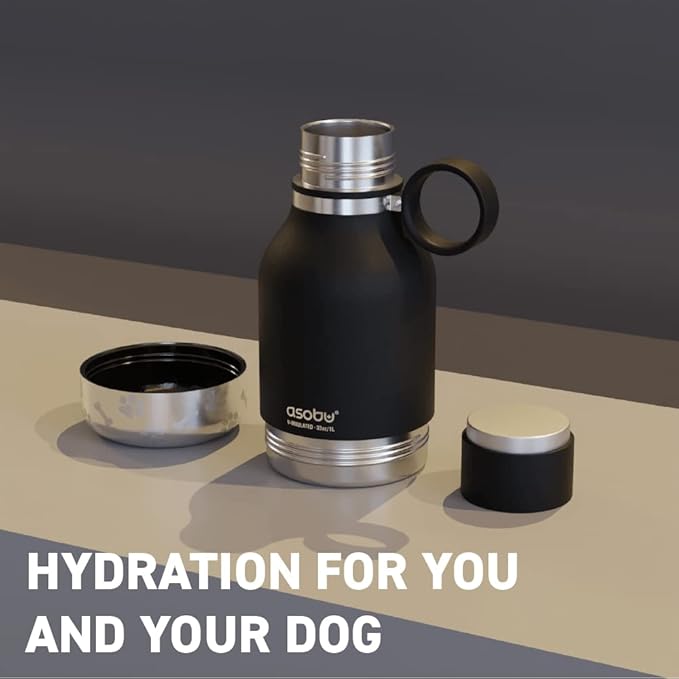 Asobu Buddy Bottle a Stainless Steel Insulated Water Bottle for with Removable Dog Water Bowl and Dog Food and Treat Storage Bowl (Black, 37 Oz Water Bottle with Bowl)