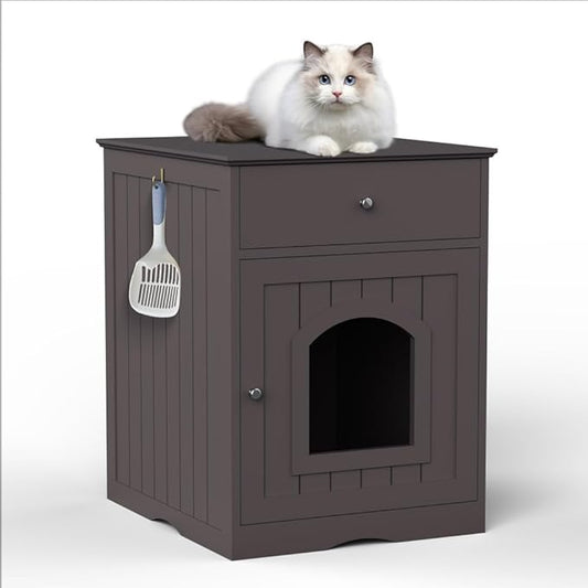 Cat Litter Box Enclosure Furniture with Drawer - Wooden Hidden Litter Box Cabinet, Indoor Pet Crate & Cat House Nightstand, Side Table for Living Room, 18.9" W x 20.9" D (Brown + Solid Wood)