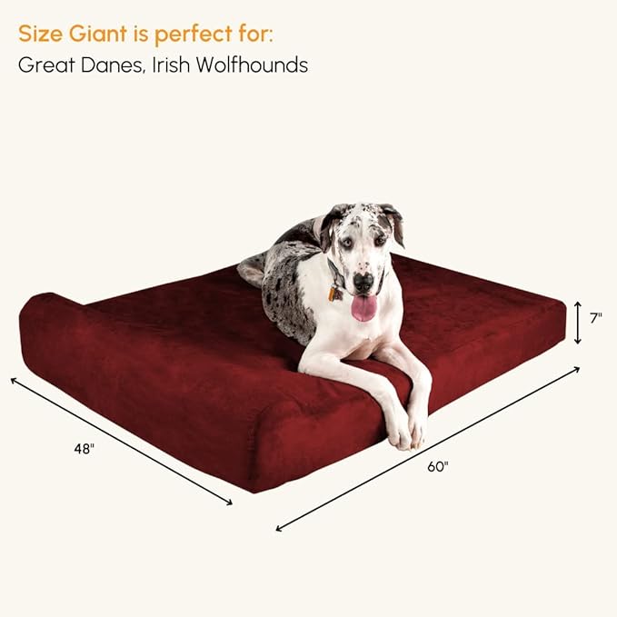 Barker Beds Giant Orthopedic Dog Bed - 7" Pillow Top with Headrest - 100-300 lbs - Memory Foam for Joint Pain & Arthritis - Vet Recommended, Washable - Made in USA - 60"x48"x7" - Burgundy