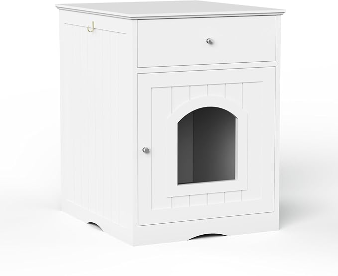 GDFStudio Cat Litter Box Enclosure Furniture, Hidden Litter Box Cabinet with Drawer & Door, Decorative Litter House, Covered Cats Shelter Nightstand, Cat Boxes Enclosure Fits Most Cats, White