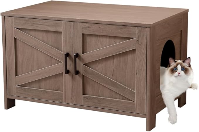 Cat Litter Box Enclosure, Litter Box Furniture Hidden with Barn Door, Wooden Kitty Washroom Furniture, Cat House, End Table, Fit Most of Litter Box (Spacious + Greige + Wood)