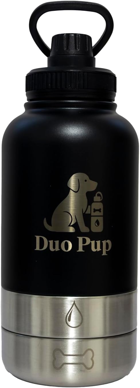 DuoPup 32oz Insulated Stainless Steel Pet Water & Food Bottle – Portable Leak-Resistant Dispenser with Two Detachable Bowls & Carrying Strap – Travel, Hiking & Outdoor Pet Hydration – Black