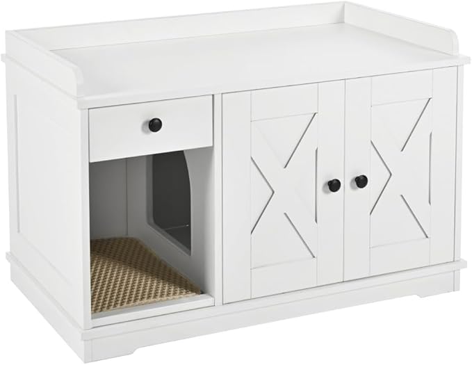 Cat Litter Box Enclosure Furniture with Mat - Hidden Litter Box Cabinet with Storage Drawer & Side Table - Indoor Cat House & Washroom (Hidden Entrance + White + MDF)