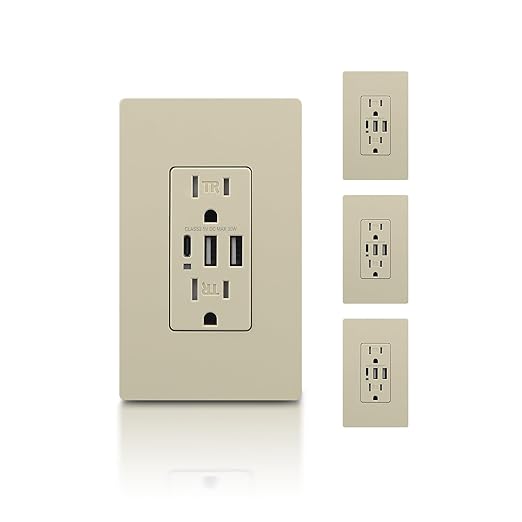 TOPELER 4 Pack USB Receptacle, 30W 6.0A USB C Wall Outlet, 15 Amp Tamper-Resistant Receptacle Plug, Electrical Socket with 3 USB Port, UL & FCC Listed, Screwless Wall Plate, Ivory