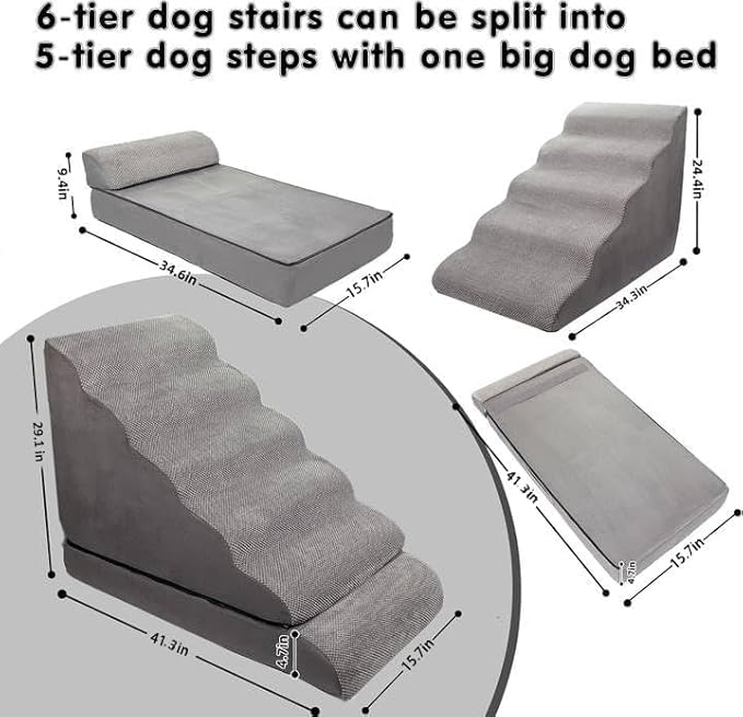 Dog Stairs for High Beds 30-36 inches Tall, 6-Step Pet Stairs/Steps for High Bed 32-36 inches for Small Large Dogs, Dog Ramp for Bed, Foam Dog Steps for Beds for Old Dogs/Cats, Grey