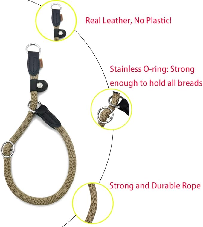 Braided Round Martingale Dog Collar, Training Collar with Slidable Stop Ring and Adjustable Stopper - Ideal for Large Dogs (L(1/2") - 20" Long, Khaki)