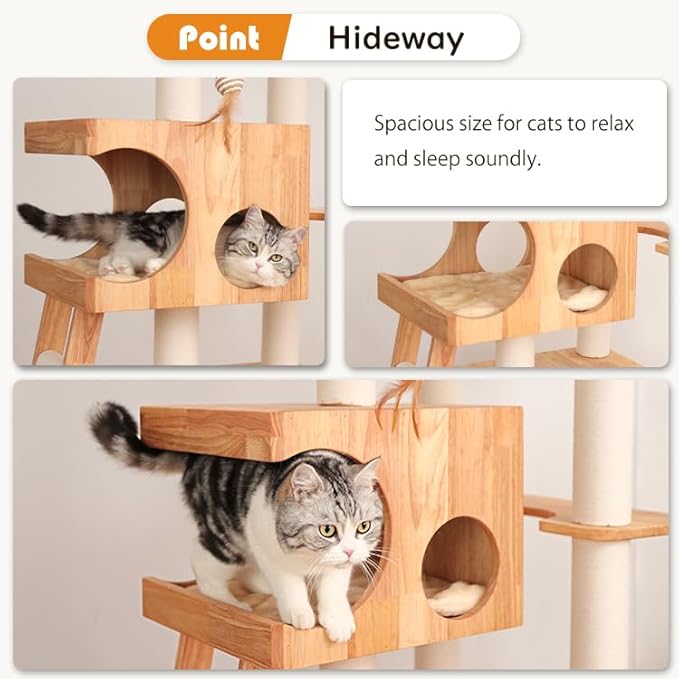 Modern Cat Tree for Large Cats, Solid Wood Cat Tower Heavy Duty with Scratch Post Stair Cat Condo Acrylic Bowl for Indoor Big Cats (Natural Wood SP160)