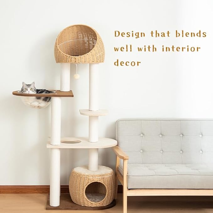 Wood Cat Tree for Large Cats, Modern Indoor Cat Tower with Basket Beds, Cat Condo & Clear Hammock, Multi-Level Wooden Cat Furniture for Home Living Room Decor (Particle Wood)