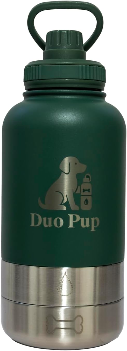 DuoPup 32oz Insulated Stainless Steel Pet Water & Food Bottle – Portable Leak-Resistant Dispenser with Two Detachable Bowls & Carrying Strap – Travel, Hiking & Outdoor Pet Hydration – Dark Green