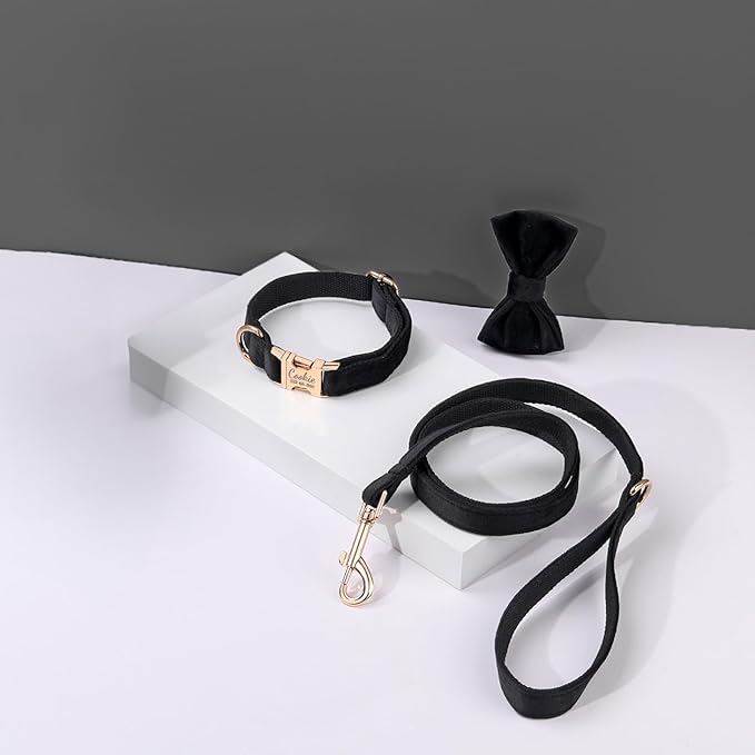 Velvet Harness Set, Gift for Pet Owners, Custom Dog Collar Personalized with Name and Phone Number, Custom Collar and Leash for Dogs, Engraved Metal Buckle Collar (X-Small)