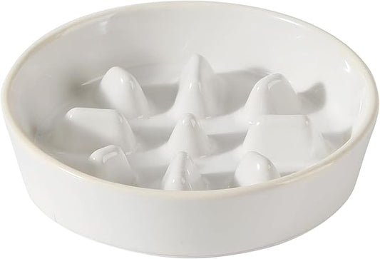 Ceramic 1.2 Cup Dog Bowl Slow Feeder, 7.3 inch Slow Pet Food Dish for Medium and Small Dog, Stop Bloat, Preventing Choking(Single Bowl, Reactived Glaze -White)