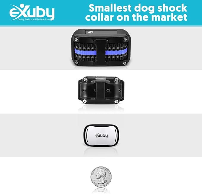 eXuby - Tiny Shock Collar for Small Dogs 5-15lbs - Smallest Collar on The Market - Sound, Vibration, & Shock - 9 Intensity Levels - Pocket-Size Remote - Long Battery Life - Water-Resistant - White