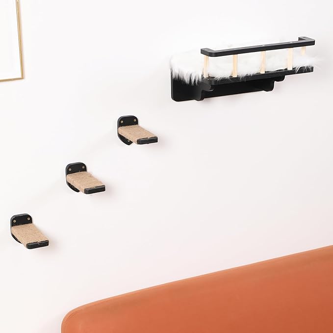 Cat Wall Shelf with 3 Cat Wall Steps,Cat Wall Shelves with Plush Coverd,Cat Climbing Shelf for Indoor Cat,Cat Wall Furniture Cat Shelf for Wall (Black)