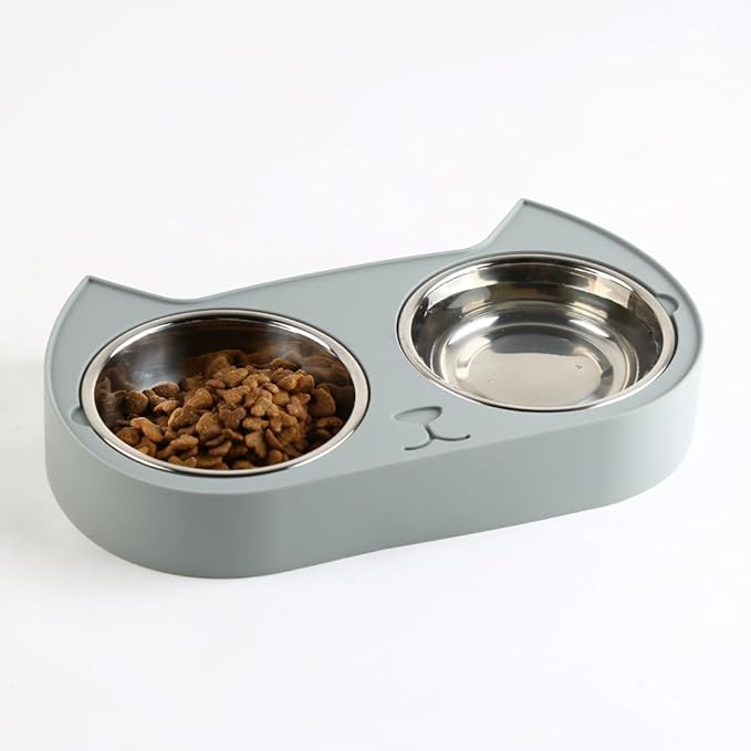 7 Ruby Road Cute Cat Bowls for Indoor Cats and Kitty, Double Cat Food Water Bowl Set with 2 Stainless Steel Pet Dishes and Grey Silicone Feeding Station, 350ml Kitten Bowls for Wet & Dry Food