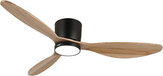 reiga 52" Natural Wood Ceiling Fan with Light and Remote, 3 Blade Flush Mount Low Profile Ceiling Fan for Bedrooom Living Room, Quiet DC Motor