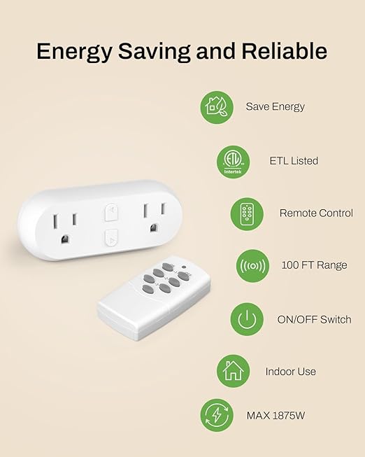HBN Wireless Remote Control Outlet with 2 Individual Switch Control, Compact Design Sockets Plug Up to 100ft Remote Range, Battery Included, 15A/1875W, ETL Certified